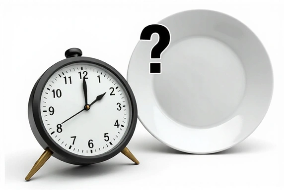 Orologio e piatto vuoto che simboleggiano il saltare i pasti, con un punto interrogativo.