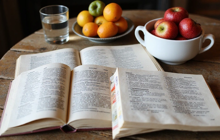 Libri e alimenti sani su un tavolo