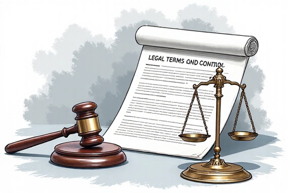 Immagine illustrativa di termini e condizioni con simboli legali e una bilancia della giustizia